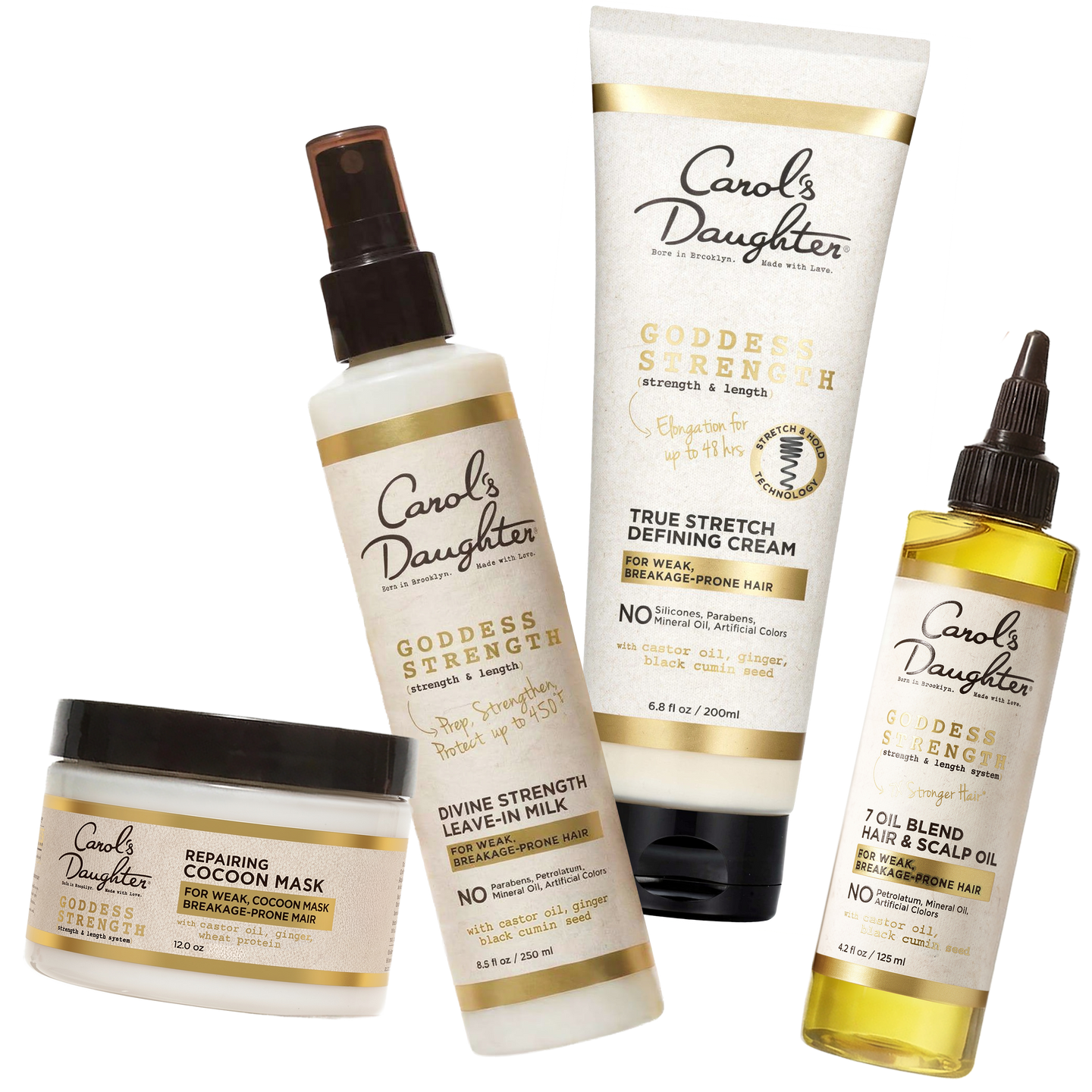 Goddess Strength Hydrating Mask, Leave in Milk, True Stretch Defining Cream and Hair & Scalp Oil Bundle