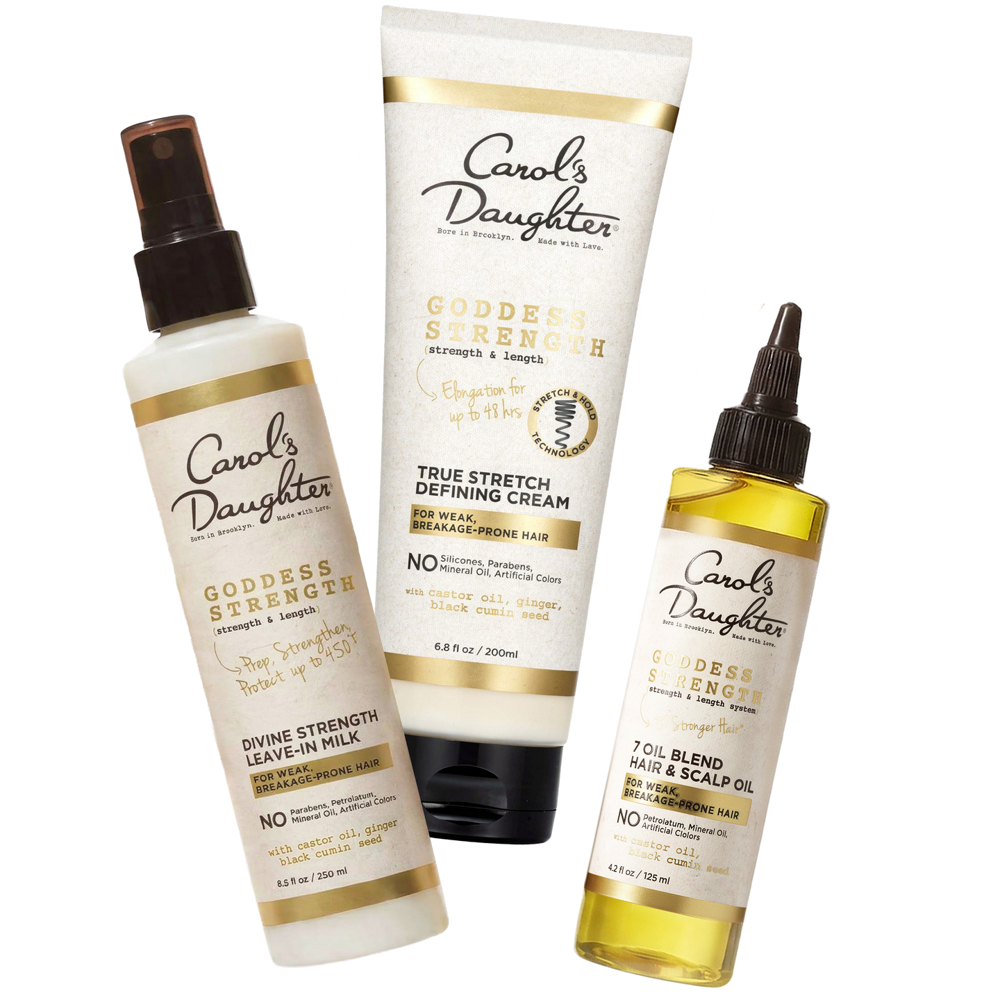 Goddess Strength Leave-in Milk, True Stretch Defining Cream and Hair & Scalp Oil Bundle