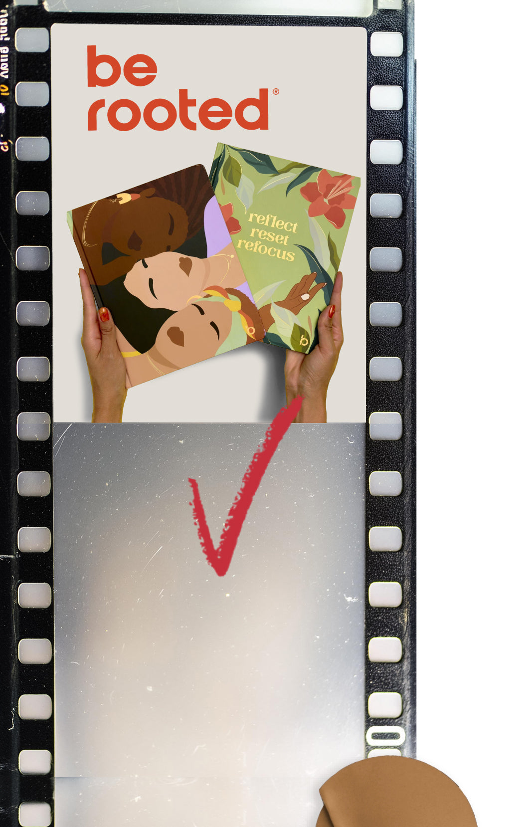 be rooted branding and images of books held by hands.