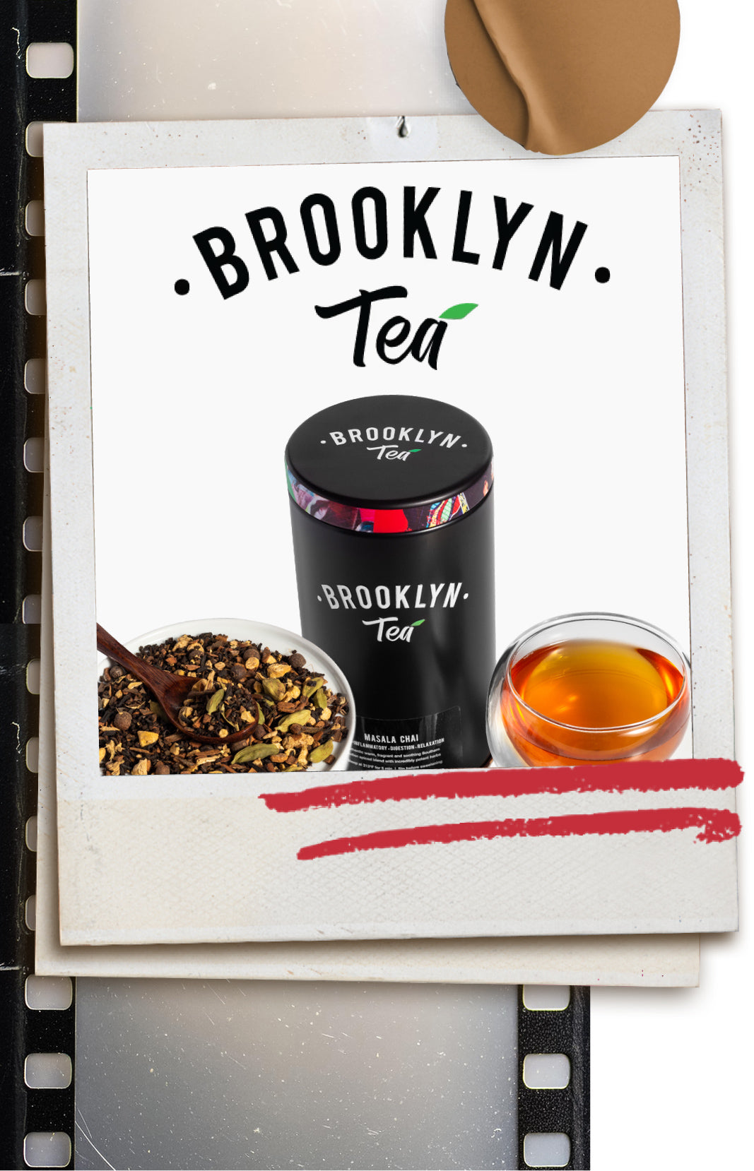 Brooklyn Tea packaging with tea leaves and a cup of tea on a white background