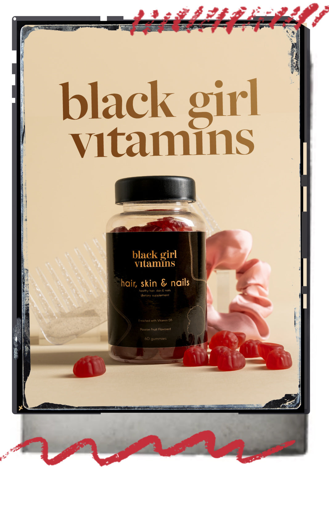 Product packaging for 'black girl vitamins' with a jar and gummy supplements on a beige background.